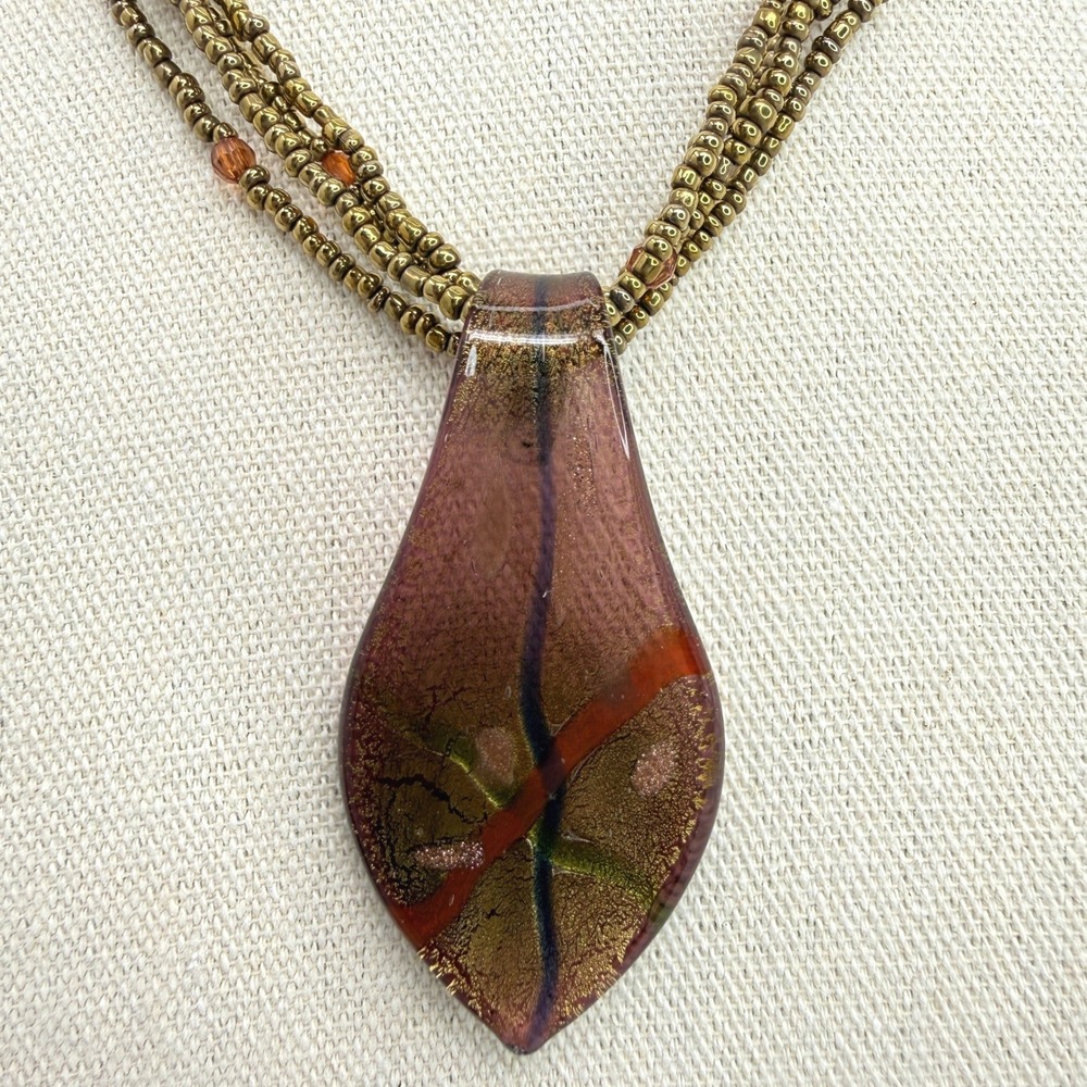 Dichroic Glass Teardrop Pendant Necklace‎ Multi Strand Bronze Seed Beads